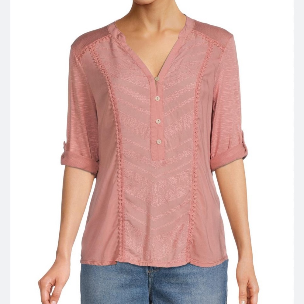 Democracy Lace Tab Cuff Elbow Sleeve Shirt In Rose